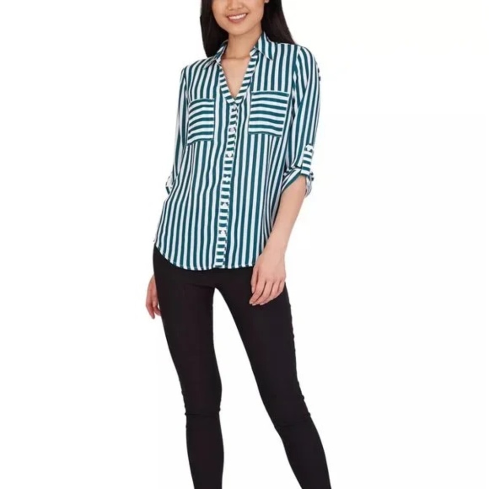 BCX Teal and White Striped Button Down Shirt